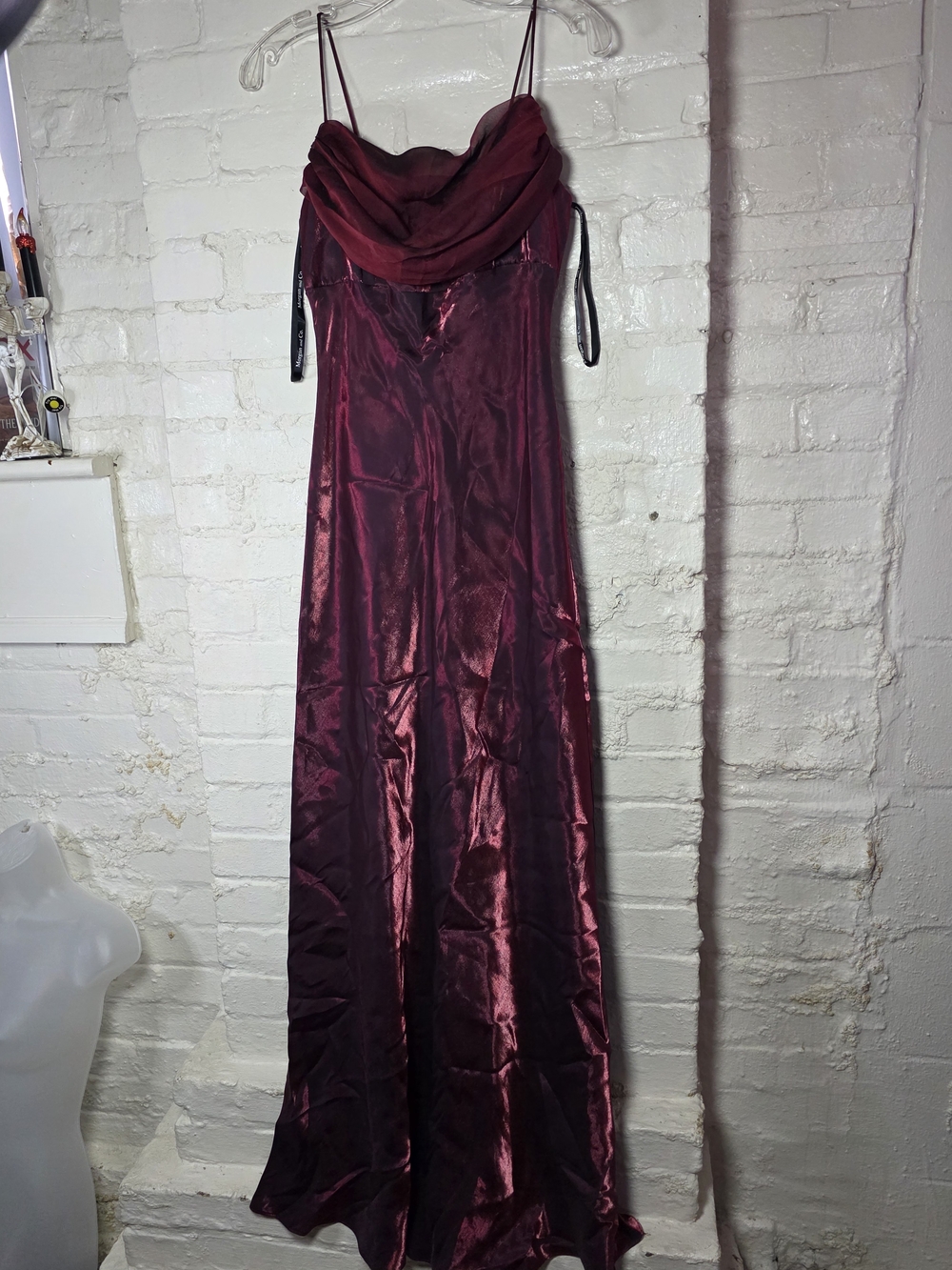 Morgan & Co. Burgundy Satin Cowl Neck Maxi Dress